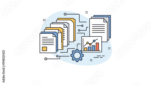 Data processing and business analytics illustration with multiple documents flowing into a gear and chart system for insights.