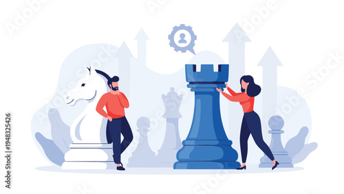 Business strategy concept with professional characters moving giant chess pieces to achieve a competitive advantage in market.