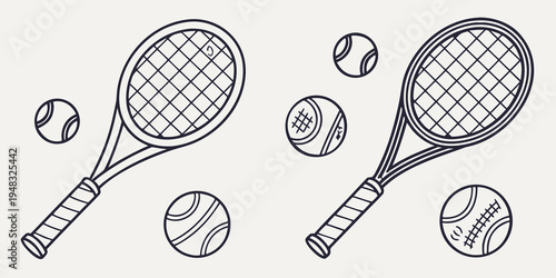 two tennis rackets and balls in a playful arrangement Vector