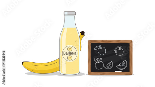 Healthy banana diet concept showing a bottle of fresh juice next to a whole fruit and a fruit menu chalkboard for nutrition.