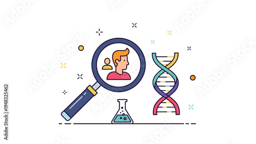 Genetic research concept with magnifying glass over a profile next to a DNA strand and scientific laboratory flask for testing.