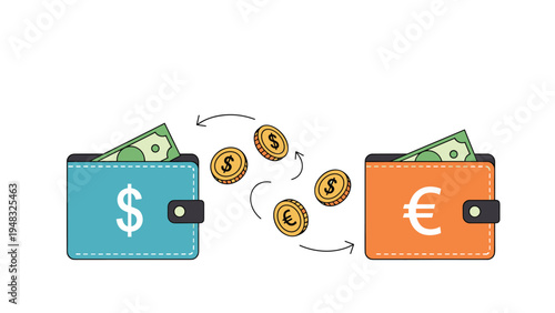 Currency exchange concept with coins flying between a dollar wallet and a euro wallet for international finance and trading.