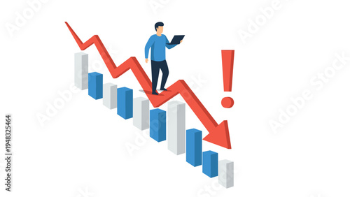 Financial crisis concept with a man on a laptop witnessing a major stock market crash indicated by a falling red arrow line.