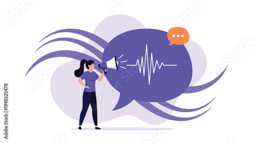 Voice message and marketing announcement concept with a woman using a megaphone and a sound wave speech bubble for outreach.