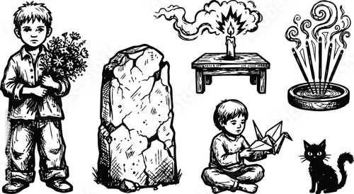 Line art ink engraving boy holding bouquet and seated child folding origami crane beside stone candle incense and black cat