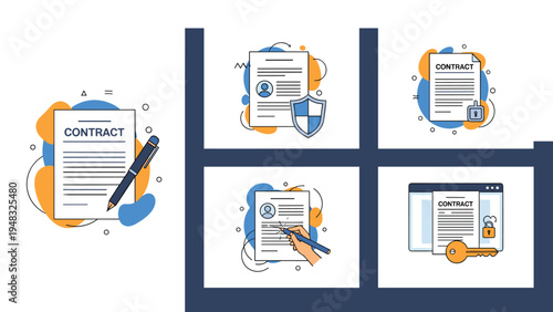 Legal contract management stages including document security, digital locks, signature, and key access illustrations for business.