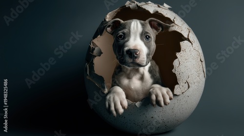 pitbull pup bursting from cracked easter egg on white background