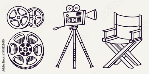 film production icons including camera and film reels Vector
