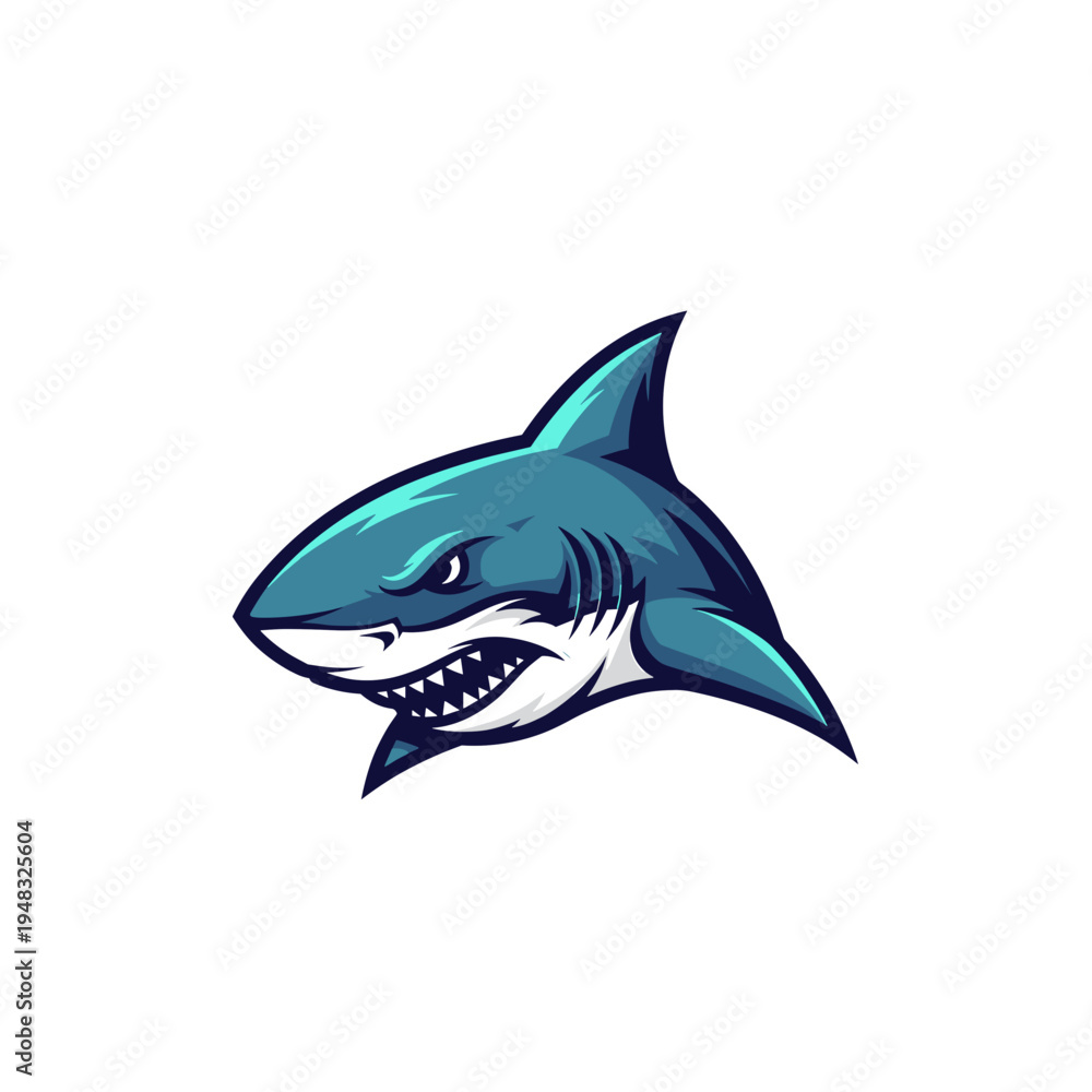 Obraz premium A fierce blue shark with sharp teeth and an aggressive expression, depicted in a stylized illustration.