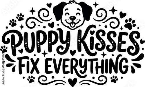Playful black and white puppy kisses typo design with happy dog face and paw prints vector art for pet lovers