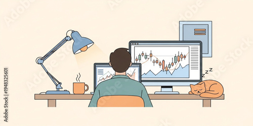 Stock Market Trader Analyzing Financial Charts on Computer at Home Office with Coffee and Sleeping Cat Investment and Trading Concept Illustration