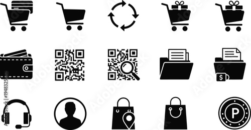 E-commerce and online shopping icon set featuring shopping carts, QR codes, digital wallets, payment methods, customer support, and retail business symbols.