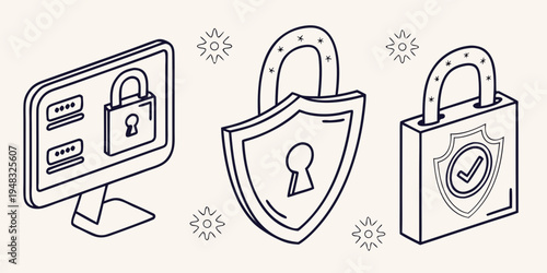 security icons including computer monitor with padlock and shield and briefcase Vector