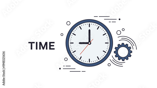 Time management concept with a large analog clock showing nine o'clock and a gear icon for industrial efficiency and punctuality.