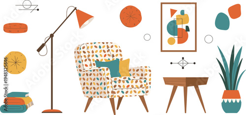 Mid century modern living room interior with patterned armchair floor lamp wall art plant and decorative furniture vector illustration