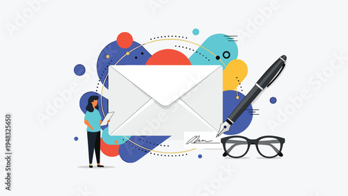 Business correspondence and signature concept with an envelope, pen, glasses, and a woman holding a document for mail signing.