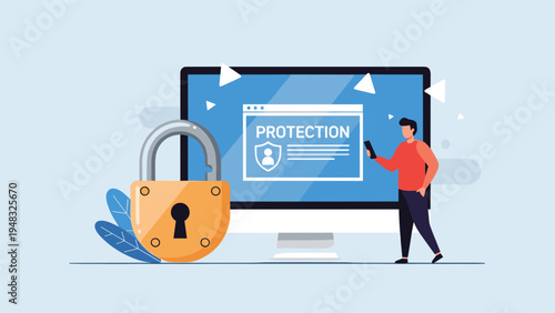Cybersecurity and data protection concept with a large padlock next to a computer displaying a security shield for IT safety.