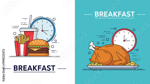 Breakfast comparison concept showing a fast food meal versus a healthy roasted chicken meal with time management icons for diet.