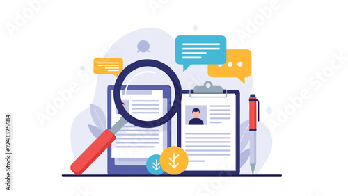Recruitment process and candidate selection illustrated with a magnifying glass over a curriculum vitae and chat bubbles.