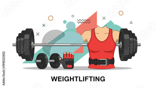Professional fitness and bodybuilding concept featuring a weightlifting barbell with dumbbells and protective gloves.