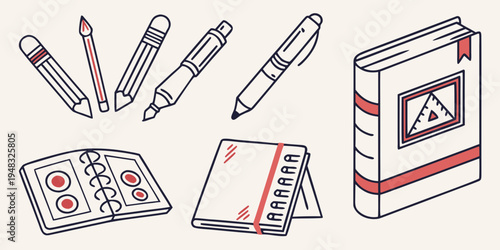a collection of office supplies and a first aid kit Vector