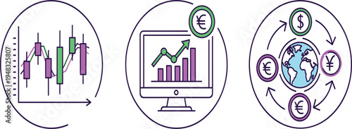 Stock Market Trading, Financial Growth Analytics, and Global Currency Exchange Line Icon Set with Charts, Computer Dashboard, and International Finance Symbols