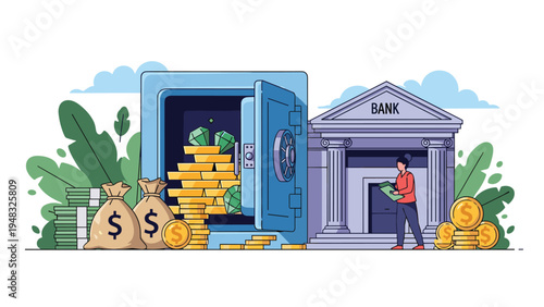 Financial security and wealth management concept with a large vault overflowing with riches next to a bank building.