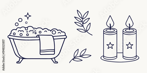 a bath tub with candles and leaves for a relaxing spa day Vector