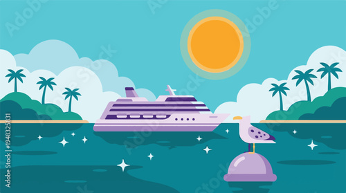 Tropical sea cruise with palm trees, sun, and seagull in flat design