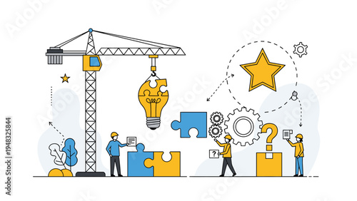 Creative collaboration and innovation construction project with workers assembling a lightbulb from puzzle pieces using a crane.
