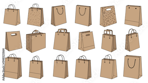 Set of different brown paper shopping bag designs with various handles and textures for professional eco friendly retail.