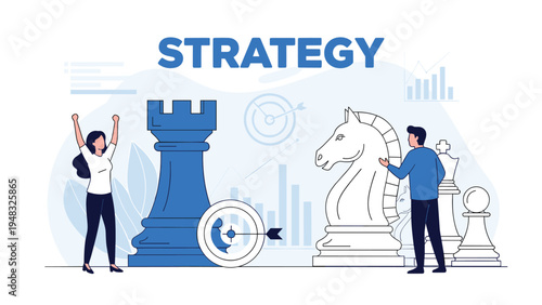 Business strategy and competitive planning concept illustrated with people interacting with giant chess pieces and charts.