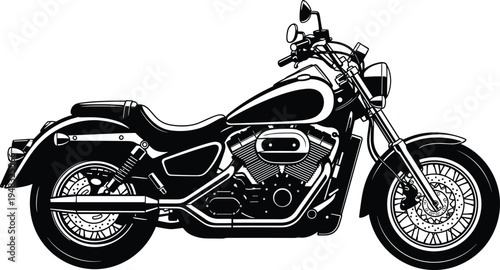 Classic custom cruiser motorcycle vector illustration, black and white silhouette isolated on white, vintage heavy motorbike graphic for logo design