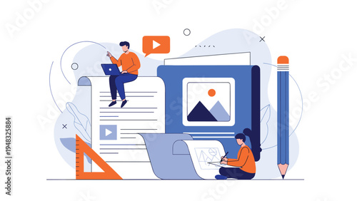 Content creation and digital publishing process showing people working on large documents with video and image elements.