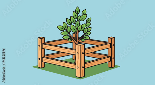 A fenced Arbor on a sunny Day with green leaves and wooden posts