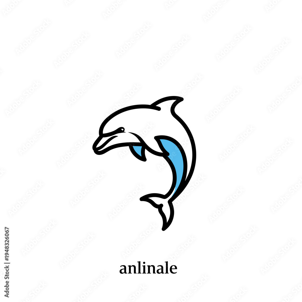 Obraz premium A stylized graphic illustration of a white and blue dolphin jumping, outlined in black on a clean white background.