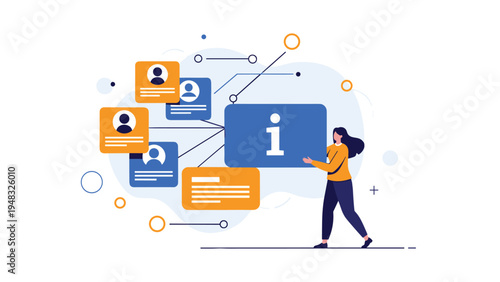 Information management and user data networking concept showing a woman carrying an information icon connected to profiles.