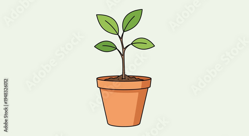 A young plant grows in a pot on a sunny Arbor Day morning.