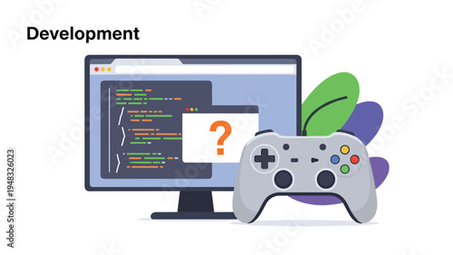 Game development and software programming concept featuring a computer monitor displaying code next to a game controller.