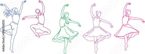 Colorful ballet dancer line art vector illustration set with graceful ballerinas dancing in continuous line style isolated on white background