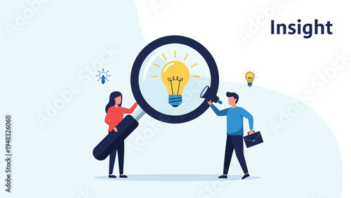 Discovery and creative insight concept showing people exploring a glowing lightbulb through a giant magnifying glass.