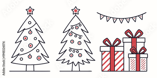 christmas trees and presents with decorative bunting Vector