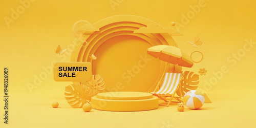 Summer Sale Podium Display with Tropical Beach Elements and Yellow Monochrome Background for Seasonal Promotion Advertising Banner and Product Showcase Design