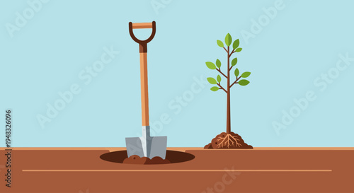 Planting a Young Arbor on a Sunny Day Outdoors with Shovel