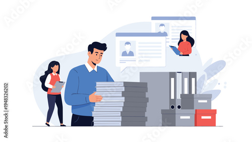 Office workload and document archiving concept with a businessman organizing a high pile of files and storage boxes.