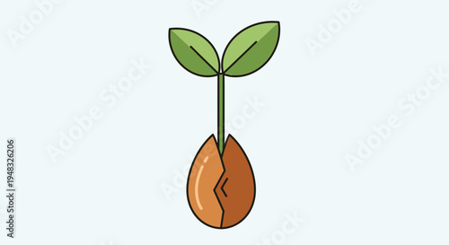 A green seedling emerges from a cracked brown seed on a sunny day near an arbor.