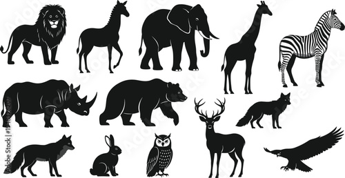 Photography Wild Animals Silhouette Vector Illustration Set Featuring Lion, Horse, Elephant, Giraffe, Zebra, Rhino, Bear, Fox, Wolf, Deer, Owl, Rabbit, and Eagle