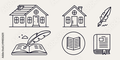 line icons of houses, quill, book, and computer Vector