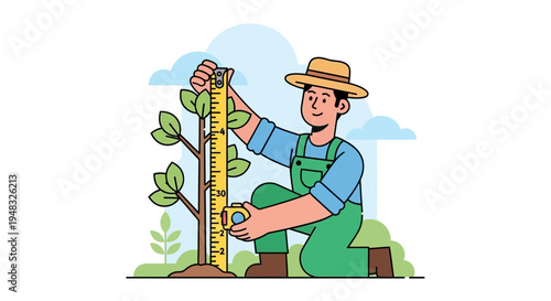 Man measures Arbor on a sunny Day in the garden with tools.
