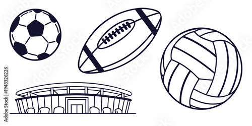 a soccer ball a rugby ball a volleyball and a stadium Vector
